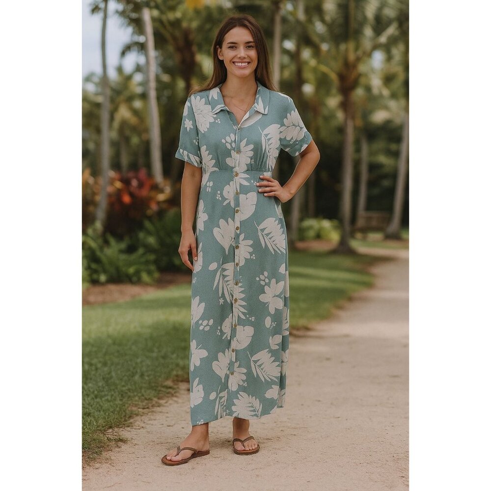 O'Neill XXL Claire Tropical Short Sleeve Collar Sundress Slit Maxi Dress Green - Picture 16 of 16